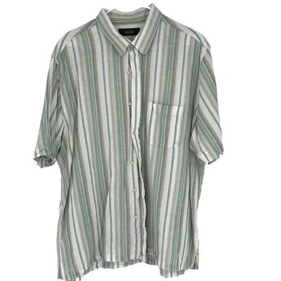 Tasso Elba Mens Striped Short Sleeve Linen Blend Button Up Shirt Teal White XXL - Picture 1 of 2